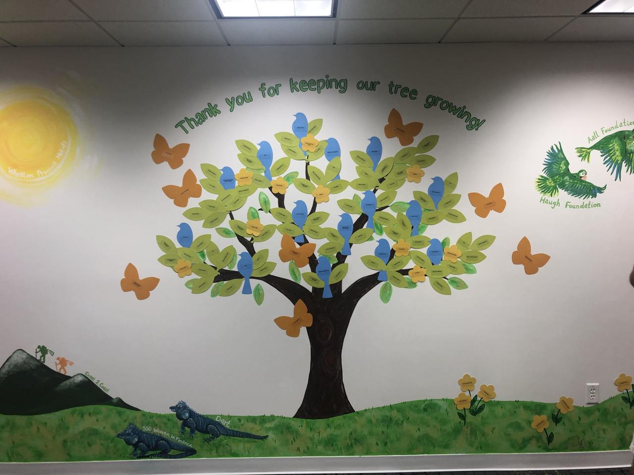 SNFC Physical Space - Painting of tree on wall, welcoming